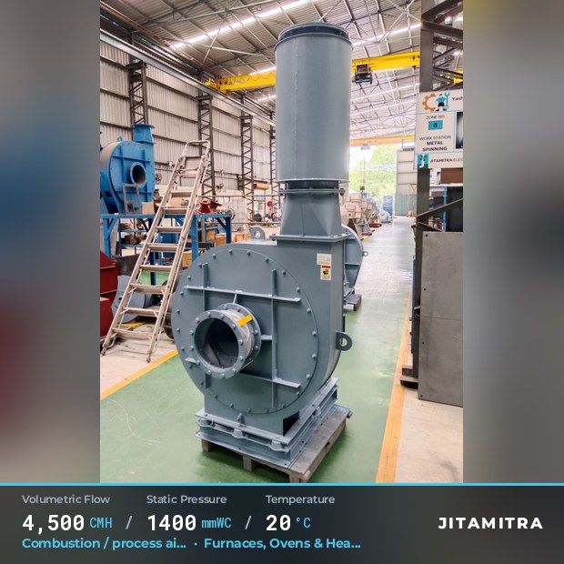 Backward-curved plate fan built by Jitamitra for combustion and process air, 4,500 CMH at 1,400 mmWC and 20 °C