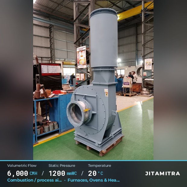 Backward-curved plate fan built by Jitamitra for combustion and process air, 6,000 CMH at 1,200 mmWC and 20 °C