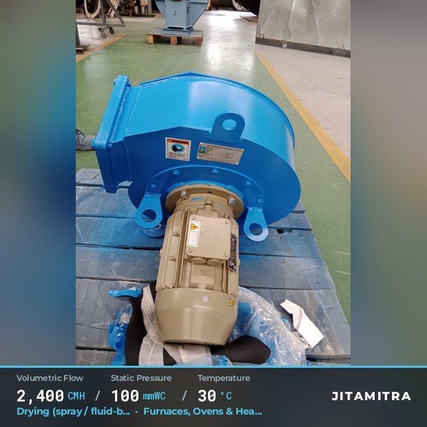 Backward-curved plate fan built by Jitamitra for spray and fluid-bed drying, 2,400 CMH at 100 mmWC and 30 °C