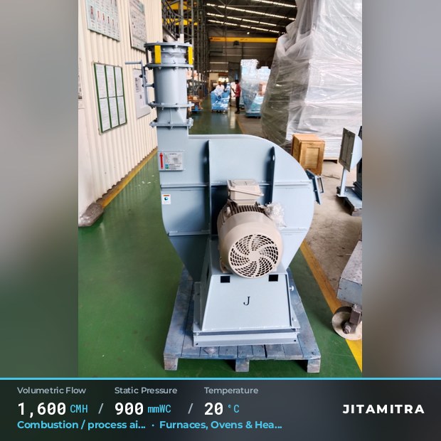 Backward-curved plate fan built by Jitamitra for combustion and process air, 1,600 CMH at 900 mmWC and 20 °C