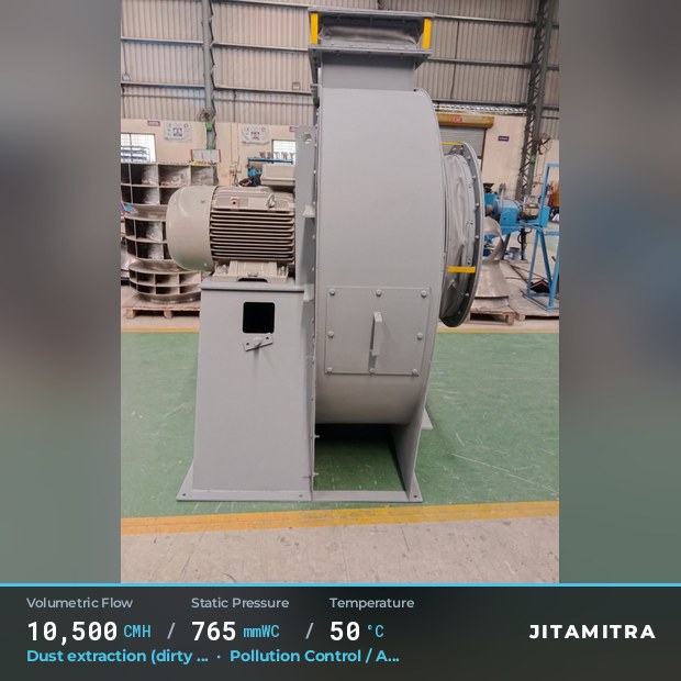 Backward-curved plate fan built by Jitamitra for dust extraction in pollution control OEMs, 10,500 CMH at 765 mmWC and 50 °C