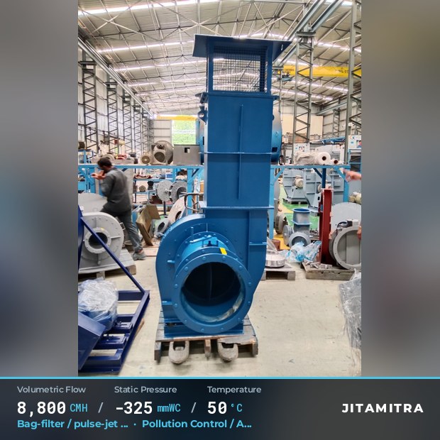 Backward-curved plate fan built by Jitamitra for bag-filter draught, 8,800 CMH at 325 mmWC and 50 °C
