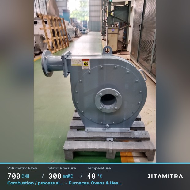 Backward-curved plate fan built by Jitamitra for combustion and process air, 700 CMH at 300 mmWC and 40 °C