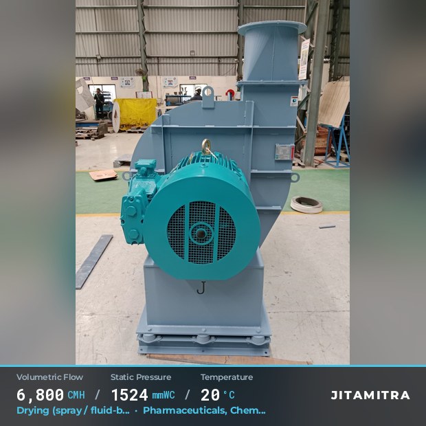 Backward-curved plate fan built by Jitamitra for spray and fluid-bed drying, 6,800 CMH at 1,524 mmWC and 20 °C
