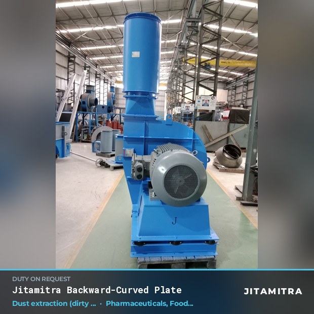Backward-curved plate fan built by Jitamitra for dust extraction in pharmaceutical plants
