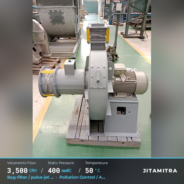 Backward-curved plate fan built by Jitamitra for bag-filter draught, 3,500 CMH at 400 mmWC and 50 °C