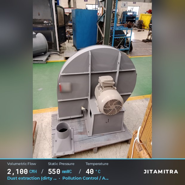 Backward-curved plate fan built by Jitamitra for dust extraction in pollution control OEMs, 2,100 CMH at 550 mmWC and 40 °C