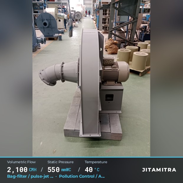 Backward-curved plate fan built by Jitamitra for bag-filter draught, 2,100 CMH at 550 mmWC and 40 °C