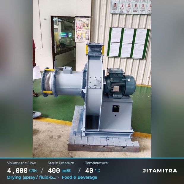 Backward-curved plate fan built by Jitamitra for spray and fluid-bed drying, 4,000 CMH at 400 mmWC and 40 °C