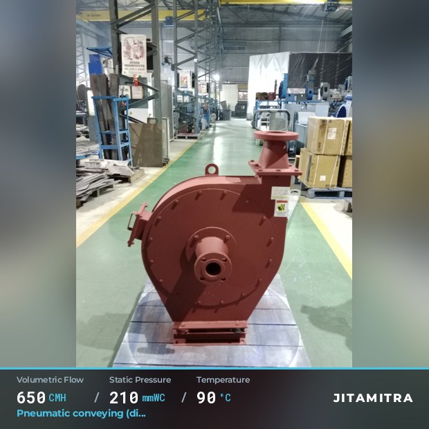 Backward-curved plate fan built by Jitamitra for pneumatic conveying, 650 CMH at 210 mmWC and 90 °C