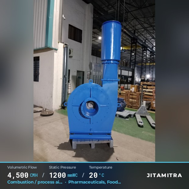 Backward-curved plate fan built by Jitamitra for combustion and process air, 4,500 CMH at 1,200 mmWC and 20 °C