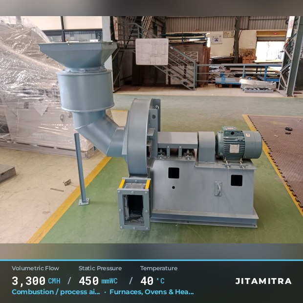 Backward-curved plate fan built by Jitamitra for combustion and process air, 3,300 CMH at 450 mmWC and 40 °C
