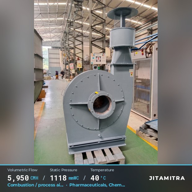 Backward-curved plate fan built by Jitamitra for combustion and process air, 5,950 CMH at 1,118 mmWC and 40 °C