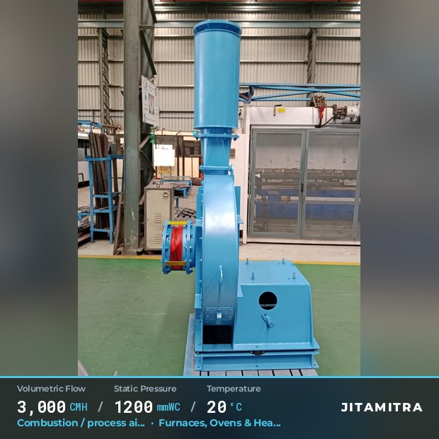 Backward-curved plate fan built by Jitamitra for combustion and process air, 3,000 CMH at 1,200 mmWC and 20 °C