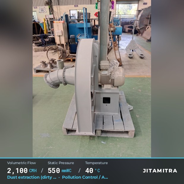 Backward-curved plate fan built by Jitamitra for dust extraction in pollution control OEMs, 2,100 CMH at 550 mmWC and 40 °C