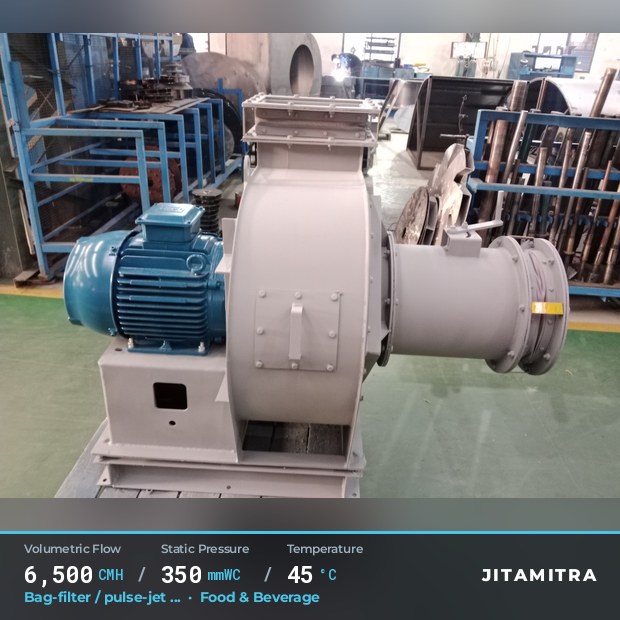 Backward-curved plate fan built by Jitamitra for bag-filter draught, 6,500 CMH at 350 mmWC and 45 °C