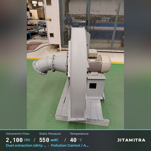 Backward-curved plate fan built by Jitamitra for dust extraction in pollution control OEMs, 2,100 CMH at 550 mmWC and 40 °C