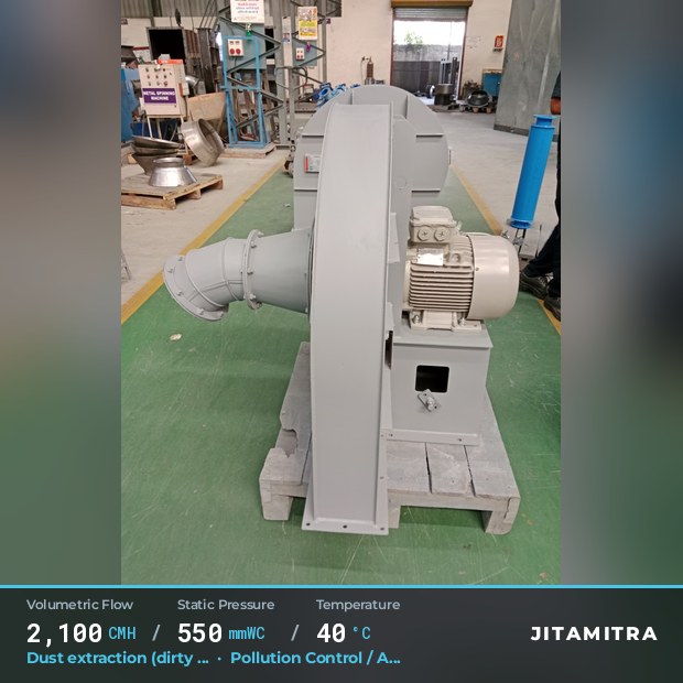 Backward-curved plate fan built by Jitamitra for dust extraction in pollution control OEMs, 2,100 CMH at 550 mmWC and 40 °C