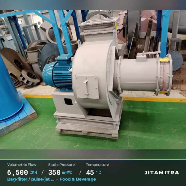 Backward-curved plate fan built by Jitamitra for bag-filter draught, 6,500 CMH at 350 mmWC and 45 °C