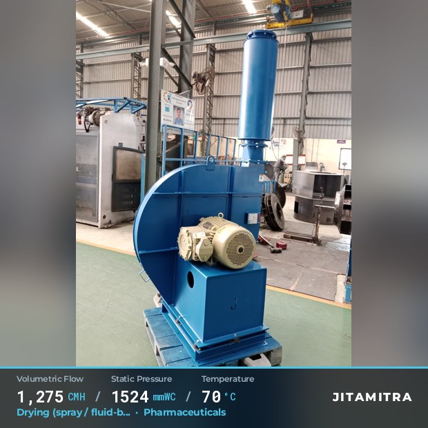 Backward-curved plate fan built by Jitamitra for spray and fluid-bed drying, 1,275 CMH at 1,524 mmWC and 70 °C