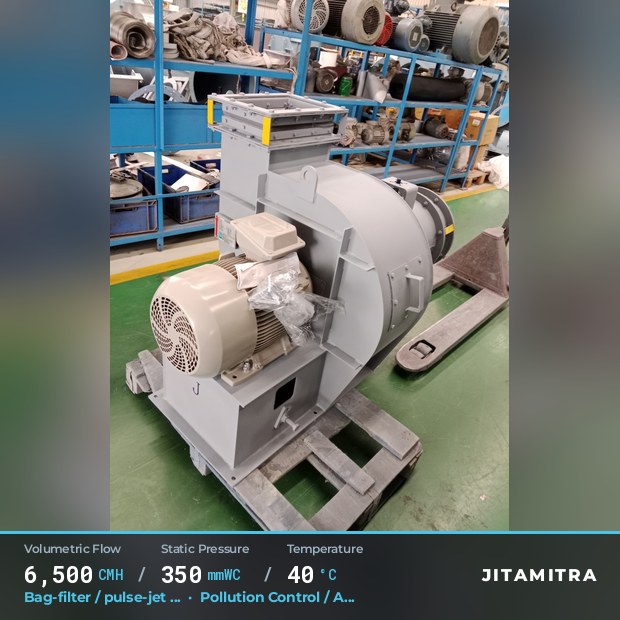 Backward-curved plate fan built by Jitamitra for bag-filter draught, 6,500 CMH at 350 mmWC and 40 °C