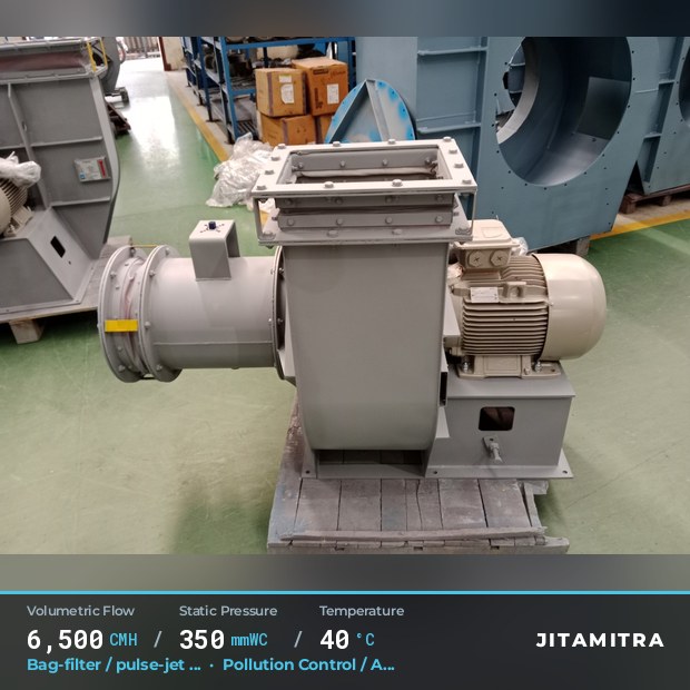 Backward-curved plate fan built by Jitamitra for bag-filter draught, 6,500 CMH at 350 mmWC and 40 °C