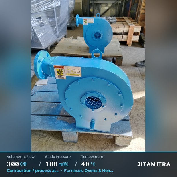 Backward-curved plate fan built by Jitamitra for combustion and process air, 300 CMH at 100 mmWC and 40 °C