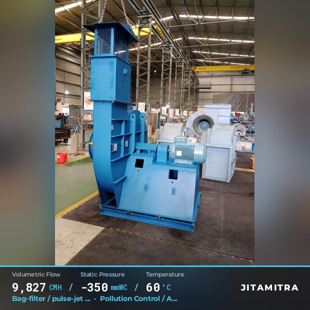 Backward-curved plate fan built by Jitamitra for bag-filter draught, 9,827 CMH at 350 mmWC and 60 °C