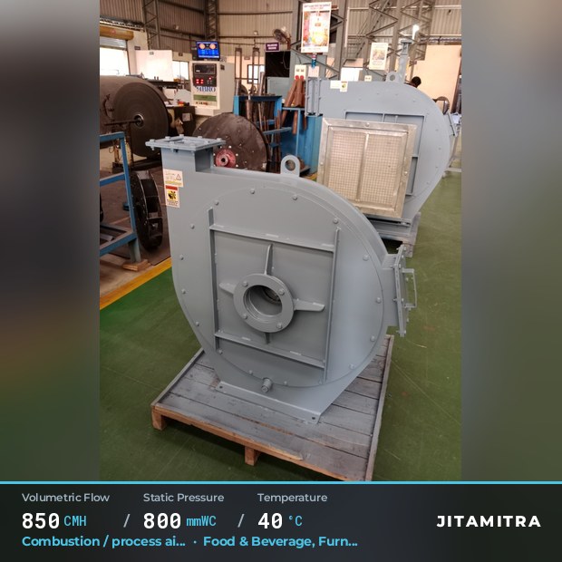 Backward-curved plate fan built by Jitamitra for combustion and process air, 850 CMH at 800 mmWC and 40 °C