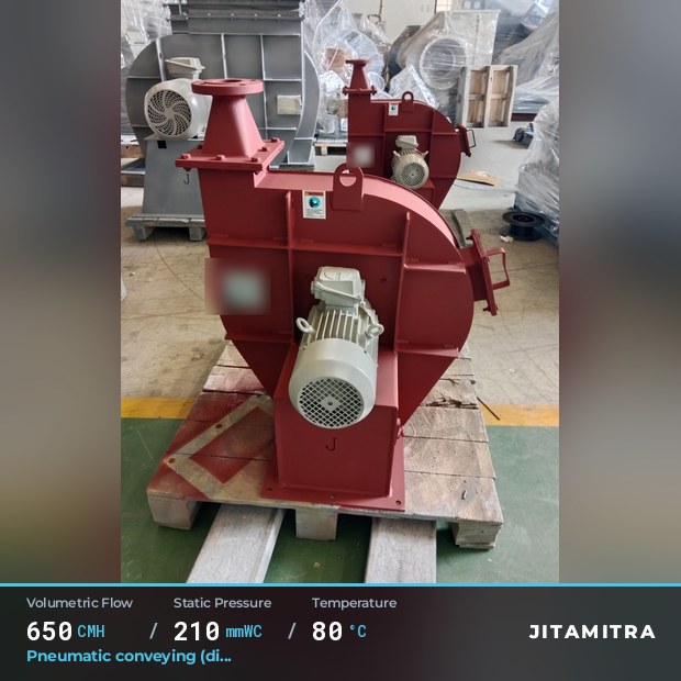 Backward-curved plate fan built by Jitamitra for pneumatic conveying, 650 CMH at 210 mmWC and 80 °C