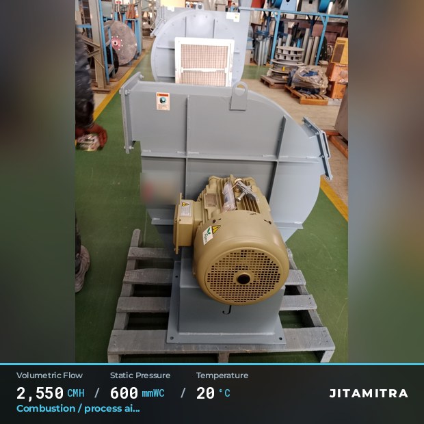 Backward-curved plate fan built by Jitamitra for combustion and process air, 2,550 CMH at 600 mmWC and 20 °C