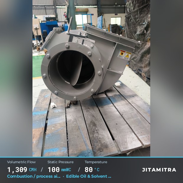 Backward-flat plate fan built by Jitamitra for combustion and process air, 1,309 CMH at 100 mmWC and 80 °C