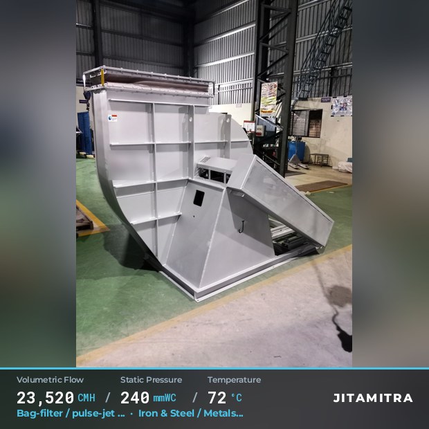 Backward-flat plate fan built by Jitamitra for bag-filter draught, 23,520 CMH at 240 mmWC and 72 °C