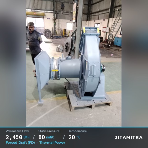 Backward-flat plate fan built by Jitamitra for forced draught in thermal power plants, 2,450 CMH at 80 mmWC and 20 °C