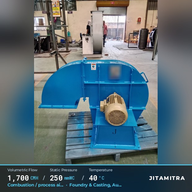 Backward-flat plate fan built by Jitamitra for combustion and process air, 1,700 CMH at 250 mmWC and 40 °C
