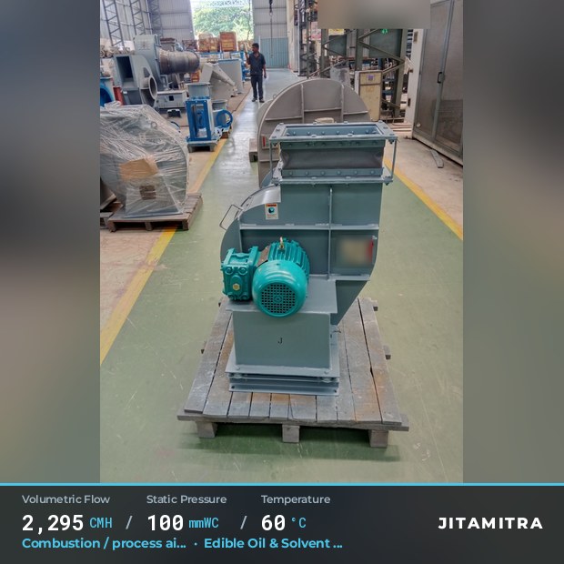 Backward-flat plate fan built by Jitamitra for combustion and process air, 2,295 CMH at 100 mmWC and 60 °C