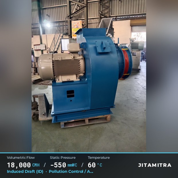 Backward-flat plate fan built by Jitamitra for induced draught in pollution control OEMs, 18,000 CMH at 550 mmWC and 60 °C