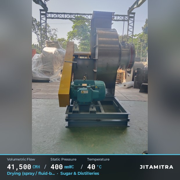 Backward-flat plate fan built by Jitamitra for spray and fluid-bed drying, 41,500 CMH at 400 mmWC and 40 °C