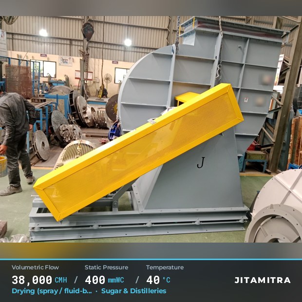 Backward-flat plate fan built by Jitamitra for spray and fluid-bed drying, 38,000 CMH at 400 mmWC and 40 °C