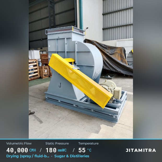 Backward-flat plate fan built by Jitamitra for spray and fluid-bed drying, 40,000 CMH at 180 mmWC and 55 °C