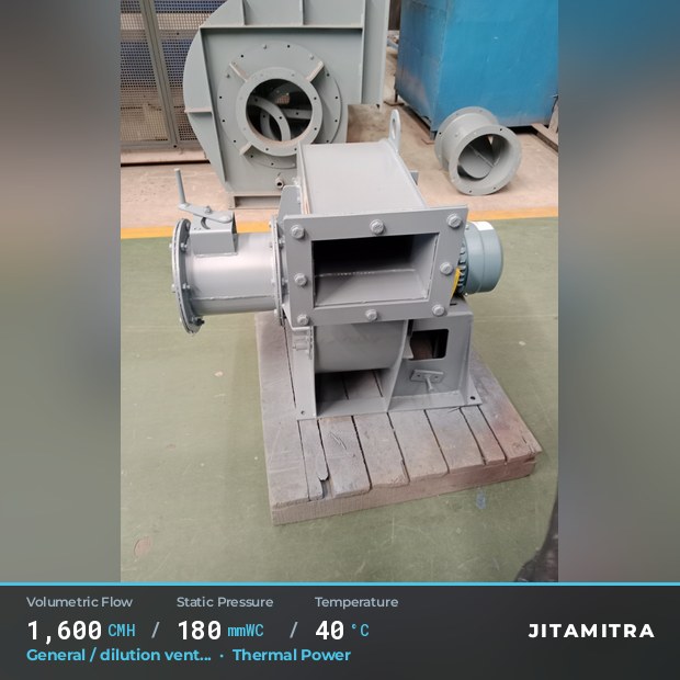 Backward-flat plate fan built by Jitamitra for dilution ventilation in thermal power plants, 1,600 CMH at 180 mmWC and 40 °C