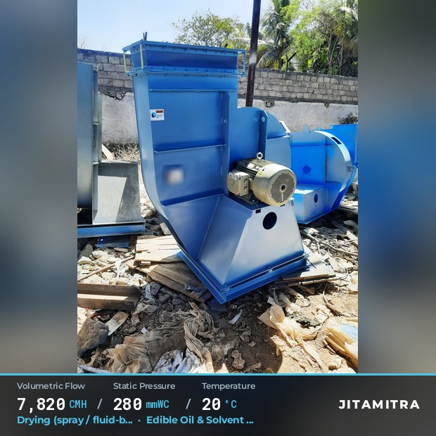 Backward-flat plate fan built by Jitamitra for spray and fluid-bed drying, 7,820 CMH at 280 mmWC and 20 °C