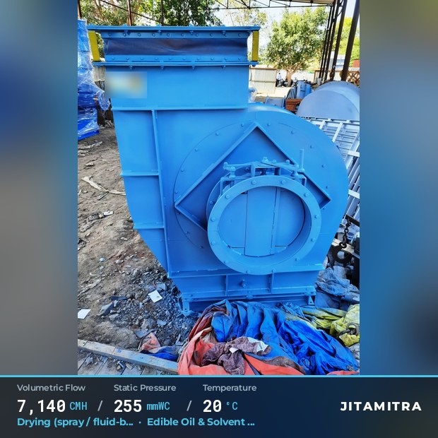 Backward-flat plate fan built by Jitamitra for spray and fluid-bed drying, 7,140 CMH at 255 mmWC and 20 °C