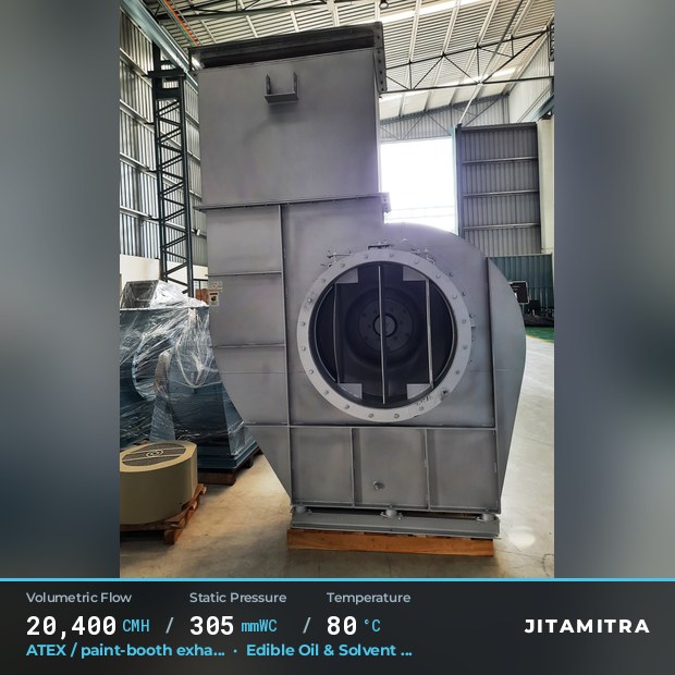Backward-flat plate fan built by Jitamitra for ATEX paint-booth exhaust, 20,400 CMH at 305 mmWC and 80 °C