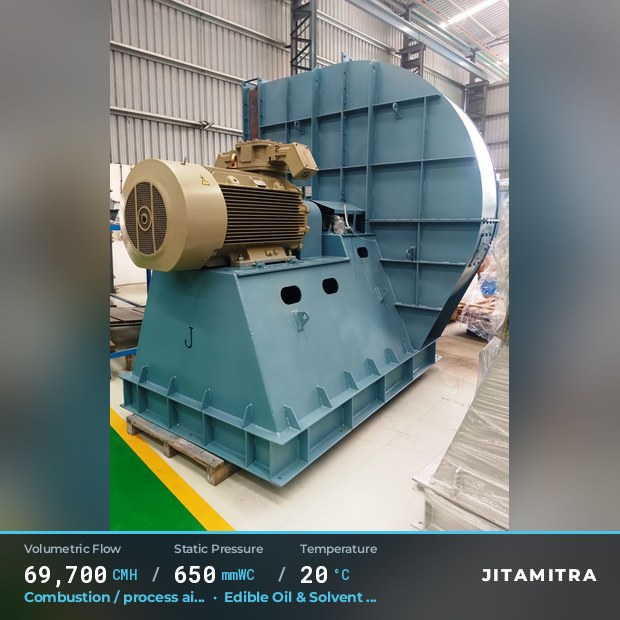 Backward-flat plate fan built by Jitamitra for combustion and process air, 69,700 CMH at 650 mmWC and 20 °C