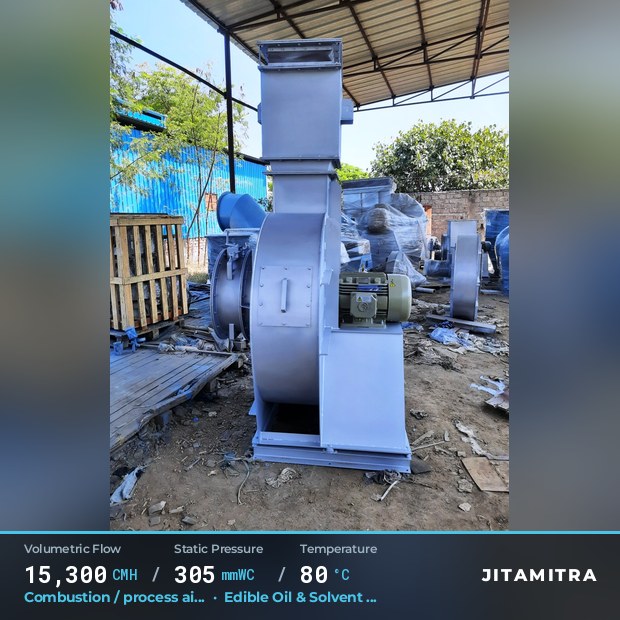 Backward-flat plate fan built by Jitamitra for combustion and process air, 15,300 CMH at 305 mmWC and 80 °C