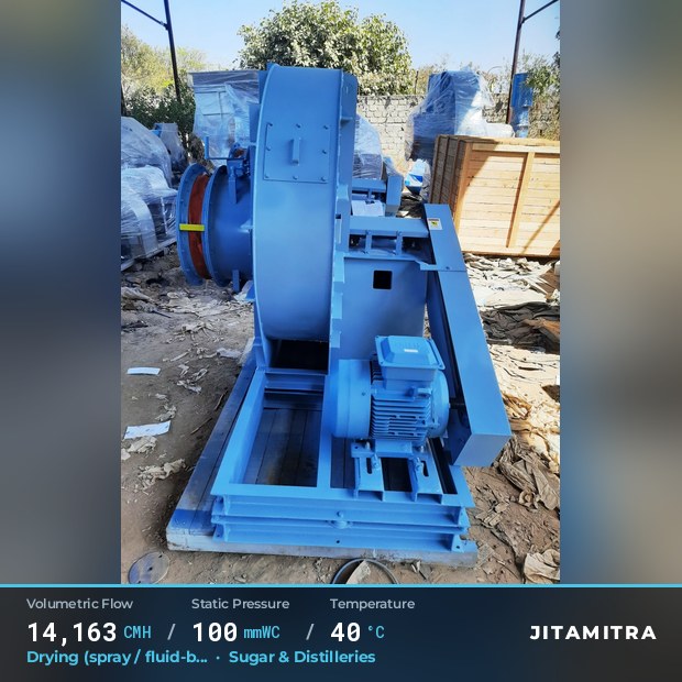 Backward-flat plate fan built by Jitamitra for spray and fluid-bed drying, 14,163 CMH at 100 mmWC and 40 °C