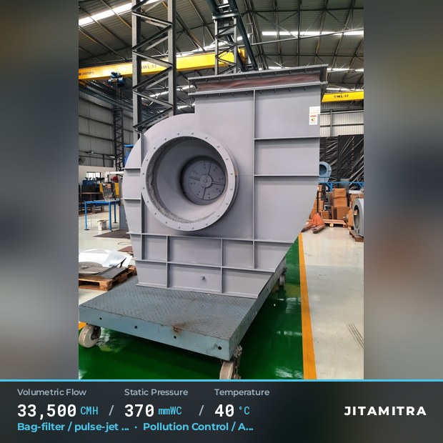 Backward-flat plate fan built by Jitamitra for bag-filter draught in pollution control OEMs, 33,500 CMH at 370 mmWC and 40 °C