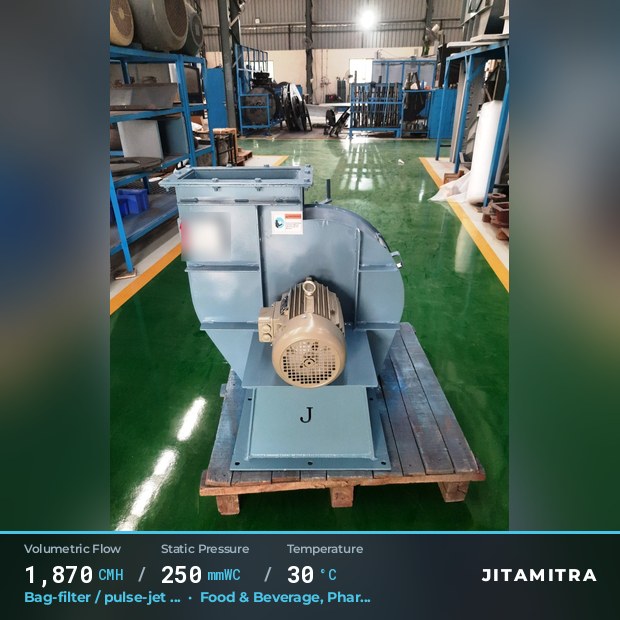 Backward-flat plate fan built by Jitamitra for bag-filter draught, 1,870 CMH at 250 mmWC and 30 °C