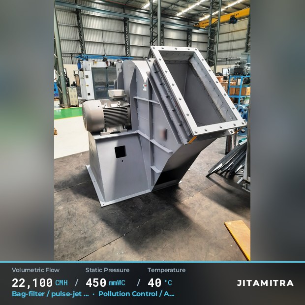 Backward-flat plate fan built by Jitamitra for bag-filter draught in pollution control OEMs, 22,100 CMH at 450 mmWC and 40 °C